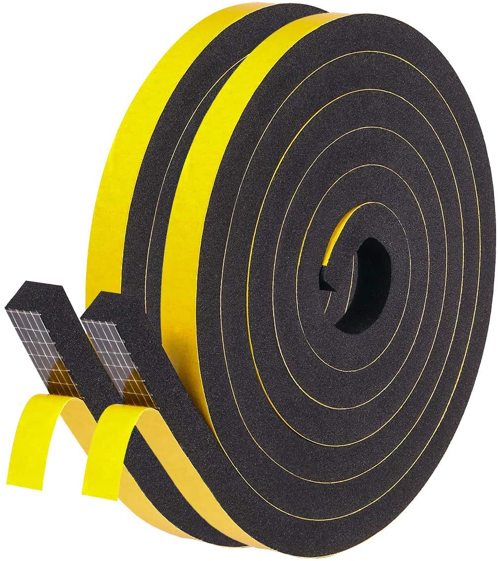 Fowong Door Weatherstripping 2 Rolls, 1/2 Inch Wide X 1/2 Inch Thick, Thin Foam Tape with Adhesive High Density Window Seal Strip Soundproofing, 2 Rolls X 6.5 Ft, Total 13 Feet Length